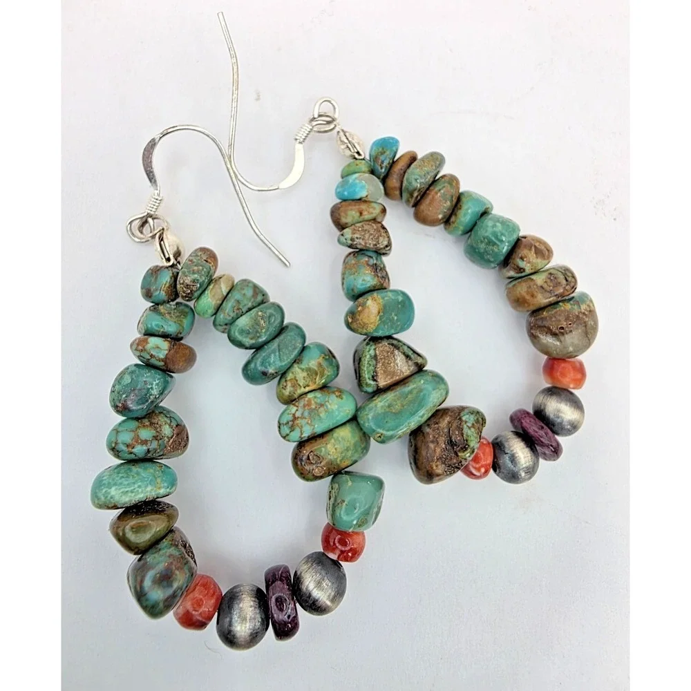Turquoise‎ Nugget Dangle Earrings Red Coral Navajo Pearls 2